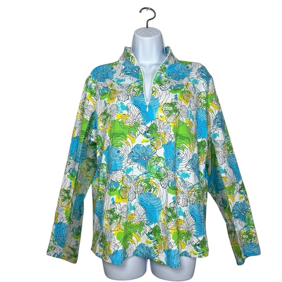 IBKUL Women's XL Quarter Zip Top Golf Tennis Blue Green Floral Shirt UPF 50+ - Picture 2 of 11